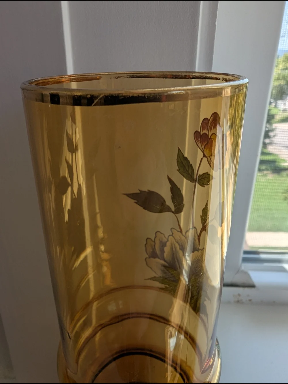 VTG Norleans Made In Italy Amber Glass Hand Painted Floral Cylinder Vase 7